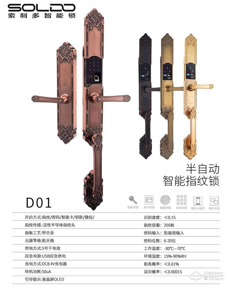 索利多智能锁 D01别墅双开门指纹锁欧式锁